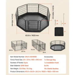 VEVOR Dog Playpen 24 Inch 8 Panels Foldable Exercise Pen with Bottom Pad, Indoor Metal Pet Fence with Door, Heavy Duty Puppy Crate Kennel, Pet Playpen for Dogs, Cats, and Other Small Animals, Black