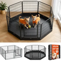 VEVOR Dog Playpen 24 Inch 8 Panels Foldable Exercise Pen with Bottom Pad, Indoor Metal Pet Fence with Door, Heavy Duty Puppy Crate Kennel, Pet Playpen for Dogs, Cats, and Other Small Animals, Black