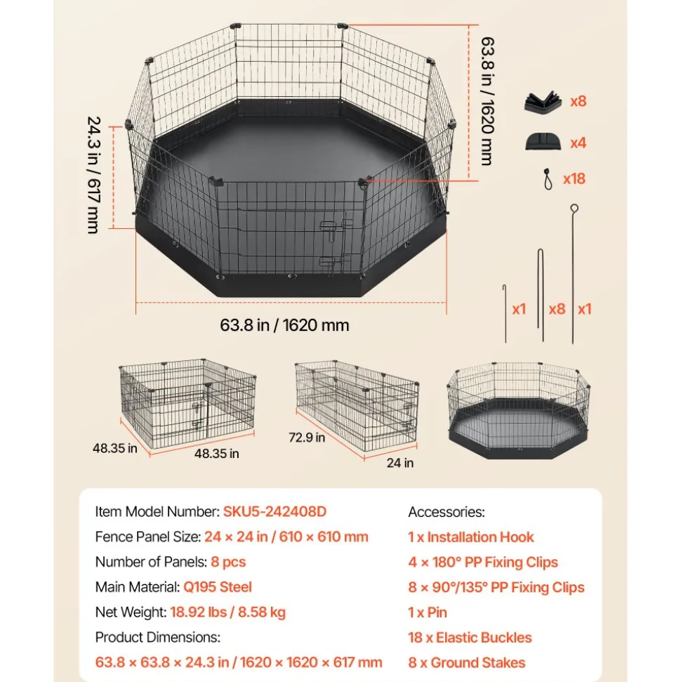 VEVOR Dog Playpen 24 Inch 8 Panels Foldable Exercise Pen with Top Cover, Indoor Metal Pet Fence with Door, Heavy Duty Puppy Crate Kennel, Pet Playpen for Dogs, Cats, and Other Small Animals, Black