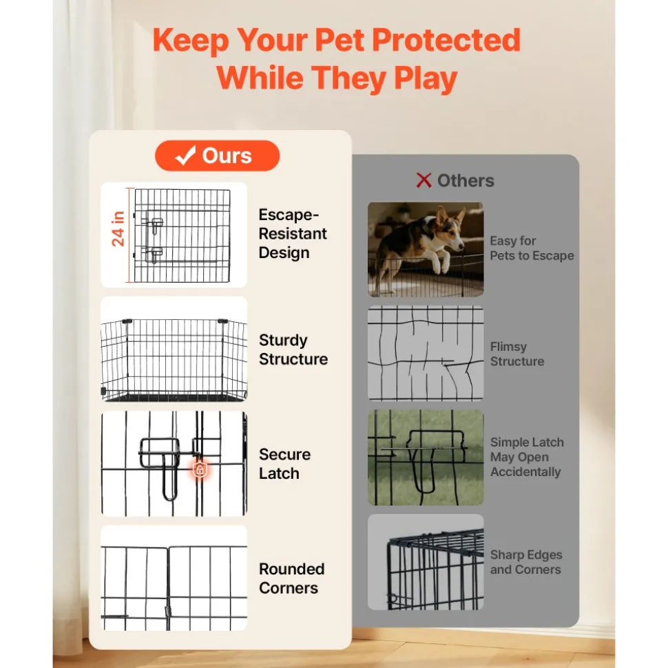 VEVOR Dog Playpen 24 Inch 8 Panels Foldable Exercise Pen with Top Cover, Indoor Metal Pet Fence with Door, Heavy Duty Puppy Crate Kennel, Pet Playpen for Dogs, Cats, and Other Small Animals, Black