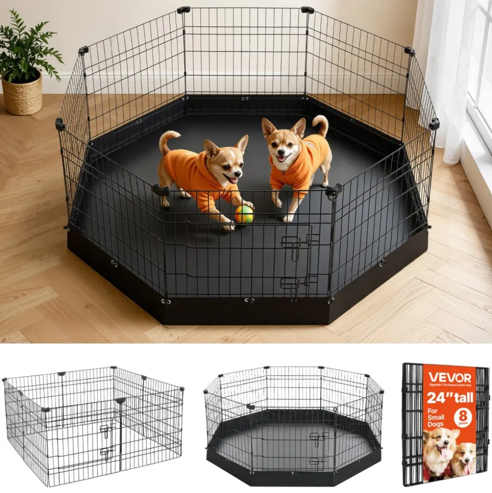 VEVOR Dog Playpen 24 Inch 8 Panels Foldable Exercise Pen with Top Cover, Indoor Metal Pet Fence with Door, Heavy Duty Puppy Crate Kennel, Pet Playpen for Dogs, Cats, and Other Small Animals, Black