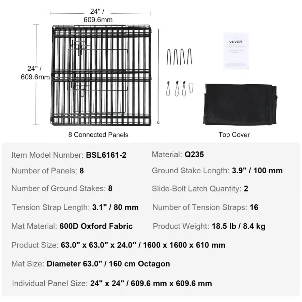 VEVOR Dog Playpen, 8 Panels Foldable Metal Dog Exercise Pen with Top Cover, 24" H Pet Fence Puppy Crate Kennel with Ground Stakes, Indoor Outdoor Dog Pen for Small Medium Pets, for Camping, Yard
