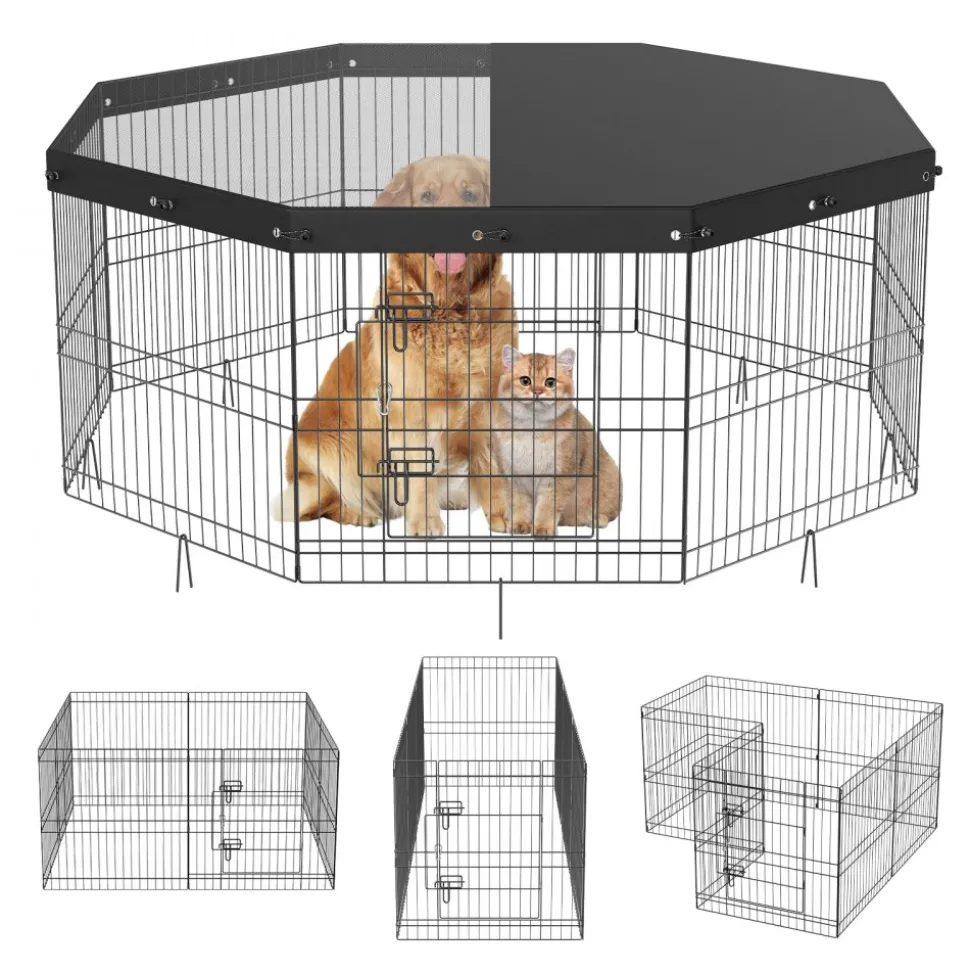 VEVOR Dog Playpen, 8 Panels Foldable Metal Dog Exercise Pen with Top Cover, 24" H Pet Fence Puppy Crate Kennel with Ground Stakes, Indoor Outdoor Dog Pen for Small Medium Pets, for Camping, Yard