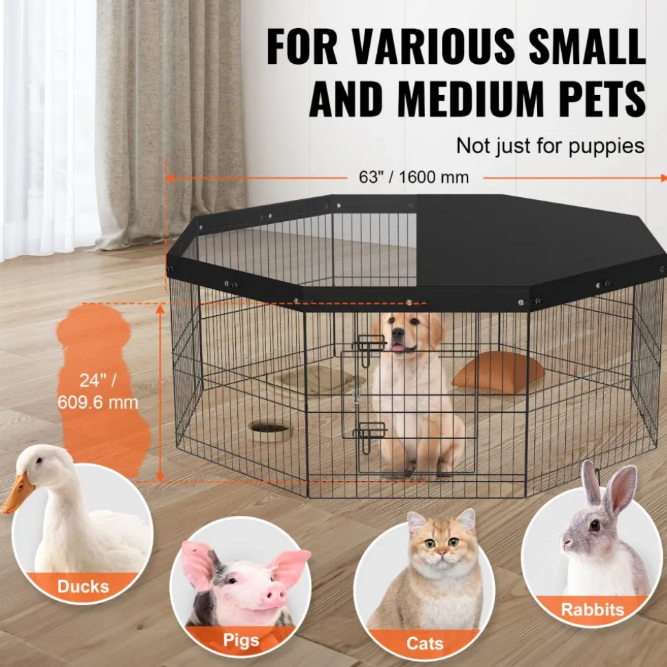 VEVOR Dog Playpen, 8 Panels Foldable Metal Dog Exercise Pen with Top Cover, 24" H Pet Fence Puppy Crate Kennel with Ground Stakes, Indoor Outdoor Dog Pen for Small Medium Pets, for Camping, Yard