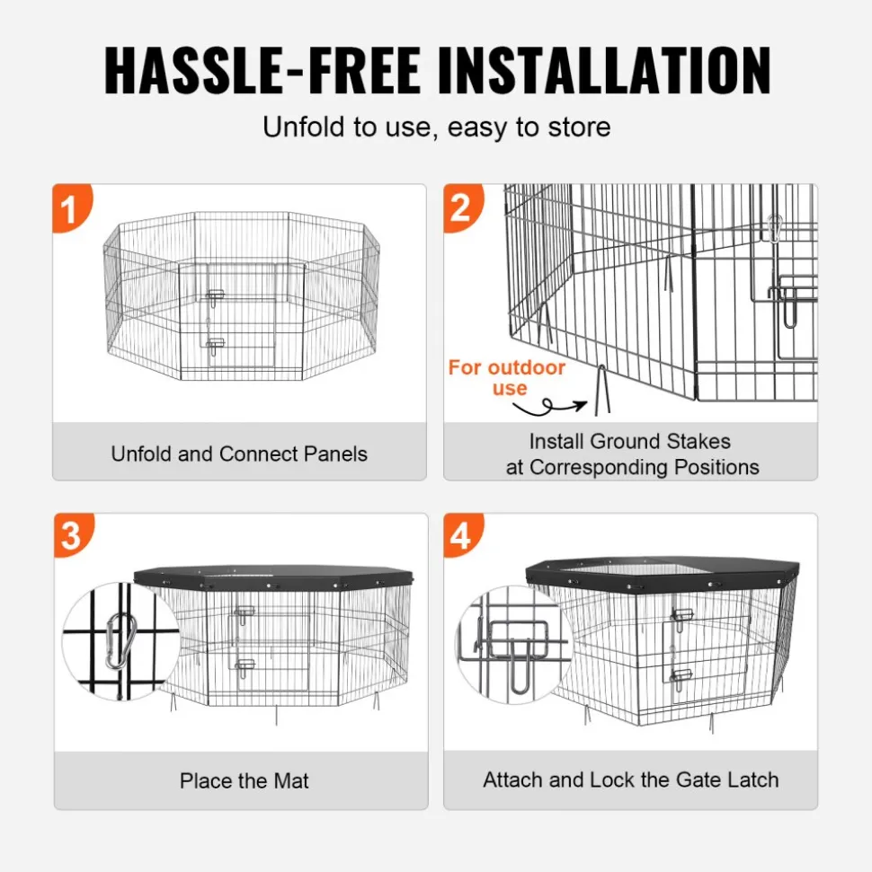 VEVOR Dog Playpen, 8 Panels Foldable Metal Dog Exercise Pen with Top Cover, 24" H Pet Fence Puppy Crate Kennel with Ground Stakes, Indoor Outdoor Dog Pen for Small Medium Pets, for Camping, Yard