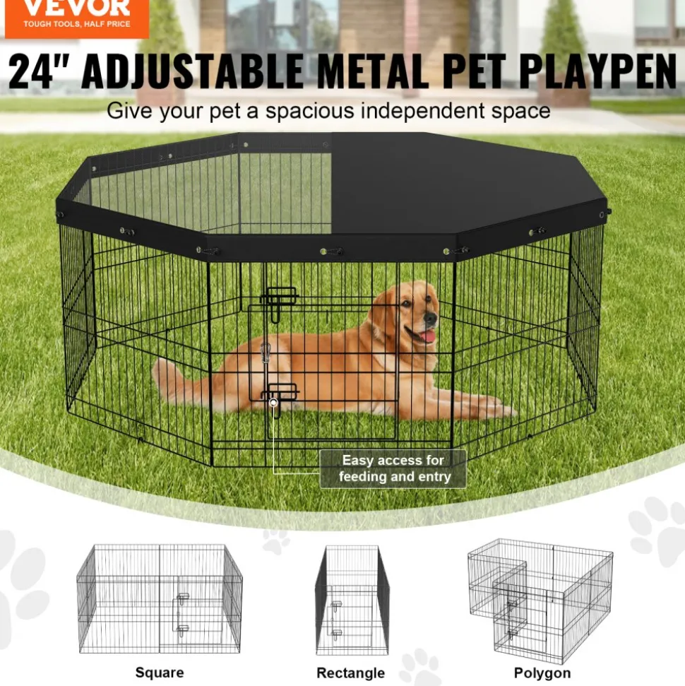 VEVOR Dog Playpen, 8 Panels Foldable Metal Dog Exercise Pen with Top Cover, 24" H Pet Fence Puppy Crate Kennel with Ground Stakes, Indoor Outdoor Dog Pen for Small Medium Pets, for Camping, Yard