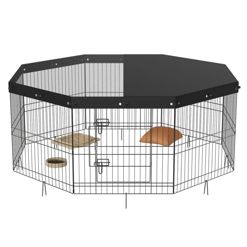 VEVOR Dog Playpen, 8 Panels Foldable Metal Dog Exercise Pen with Top Cover, 24" H Pet Fence Puppy Crate Kennel with Ground Stakes, Indoor Outdoor Dog Pen for Small Medium Pets, for Camping, Yard