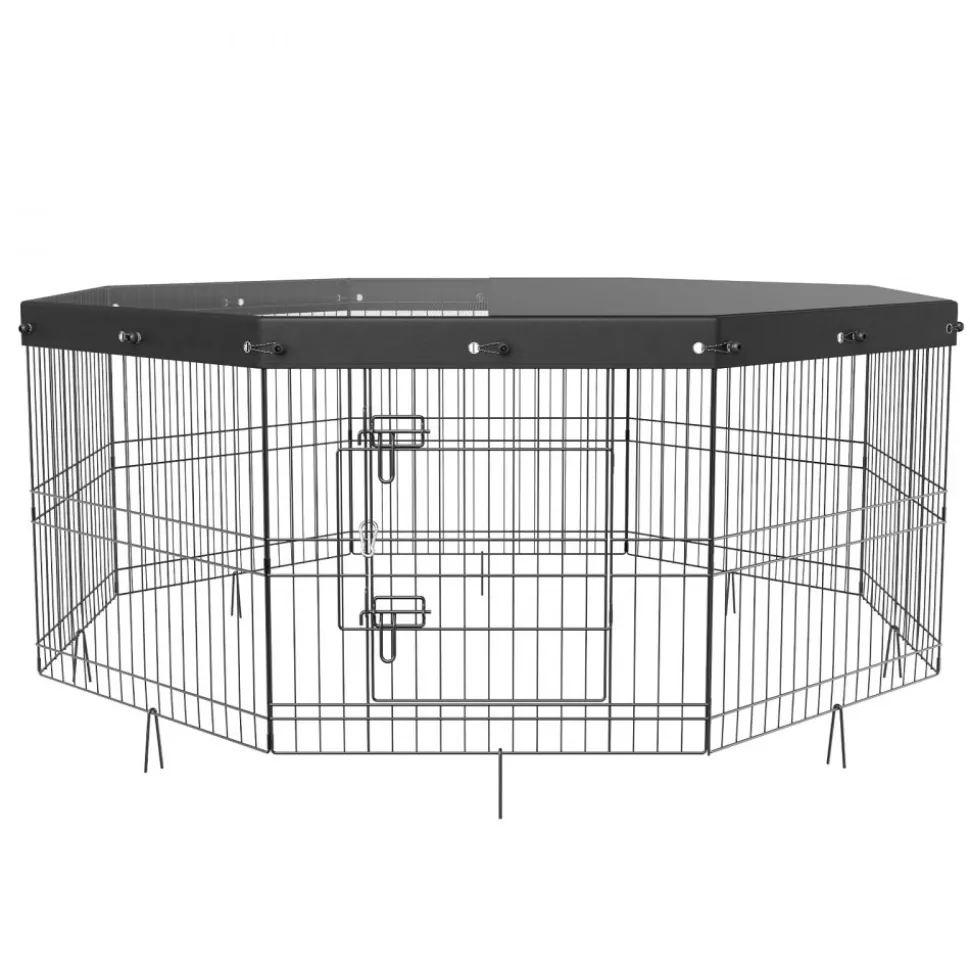 VEVOR Dog Playpen, 8 Panels Foldable Metal Dog Exercise Pen with Top Cover, 24" H Pet Fence Puppy Crate Kennel with Ground Stakes, Indoor Outdoor Dog Pen for Small Medium Pets, for Camping, Yard