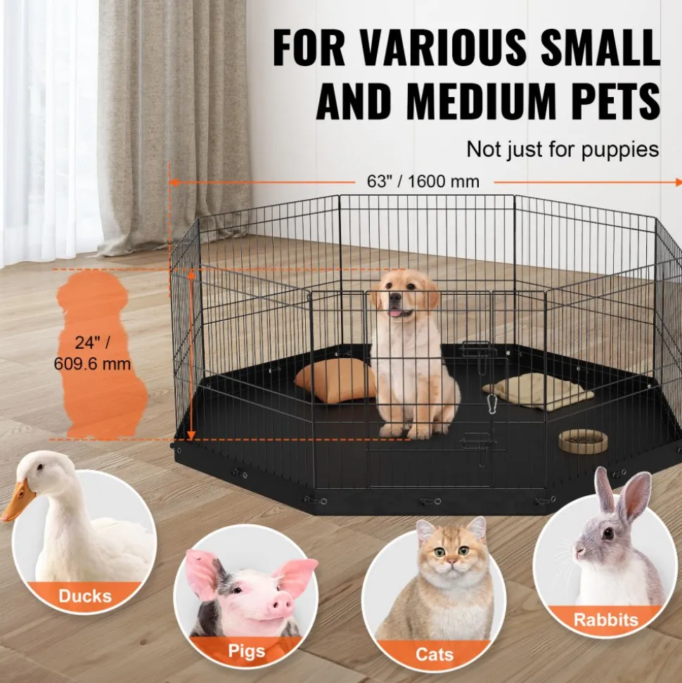 VEVOR Dog Playpen, 8 Panels Foldable Metal Dog Exercise Pen with Bottom Pad, 24" H Pet Fence Puppy Crate Kennel with Ground Stakes, Indoor Outdoor Dog Pen for Small Medium Pets, for Camping, Yard