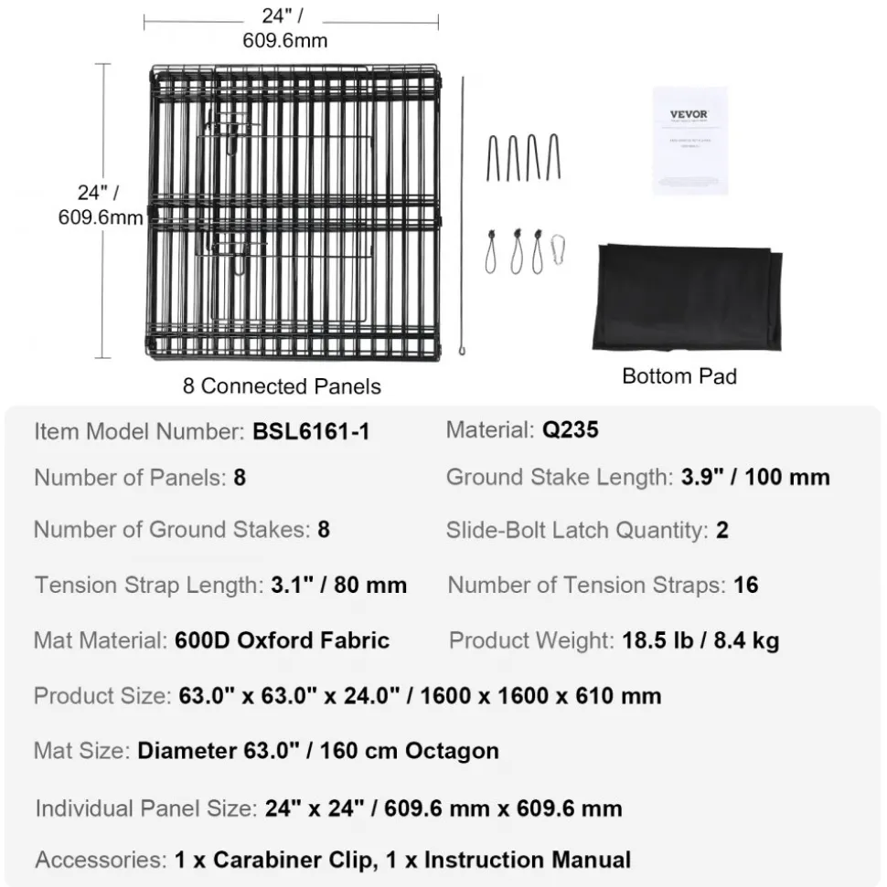 VEVOR Dog Playpen, 8 Panels Foldable Metal Dog Exercise Pen with Bottom Pad, 24" H Pet Fence Puppy Crate Kennel with Ground Stakes, Indoor Outdoor Dog Pen for Small Medium Pets, for Camping, Yard