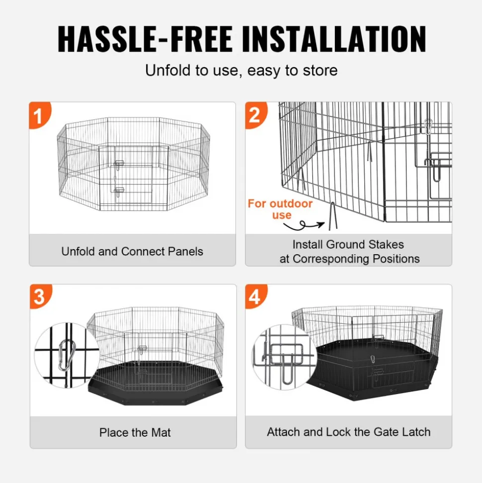 VEVOR Dog Playpen, 8 Panels Foldable Metal Dog Exercise Pen with Bottom Pad, 24" H Pet Fence Puppy Crate Kennel with Ground Stakes, Indoor Outdoor Dog Pen for Small Medium Pets, for Camping, Yard