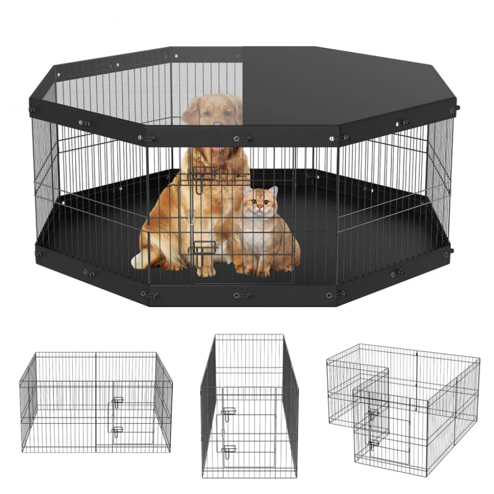 VEVOR Dog Playpen, 8 Panels Foldable Metal Dog Exercise Pen with Top Cover and Bottom Pad, 24" H Pet Fence Puppy Crate Kennel, Indoor Outdoor Dog Pen for Small Medium Pets, for Camping, Yard
