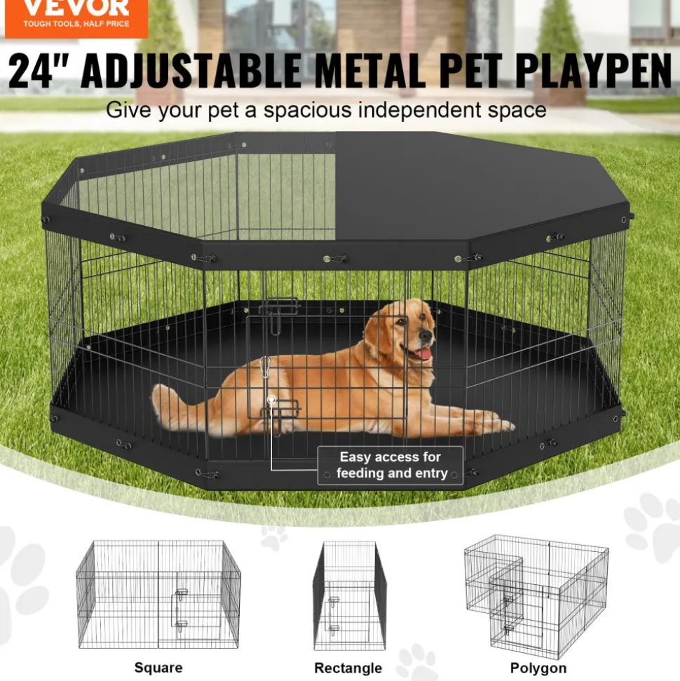 VEVOR Dog Playpen, 8 Panels Foldable Metal Dog Exercise Pen with Top Cover and Bottom Pad, 24" H Pet Fence Puppy Crate Kennel, Indoor Outdoor Dog Pen for Small Medium Pets, for Camping, Yard