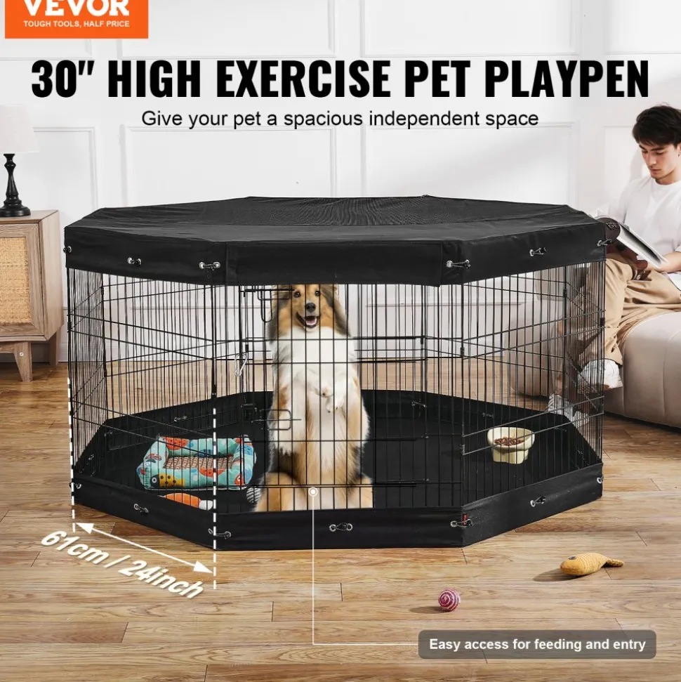 VEVOR Dog Playpen, 8 Pcs 30"H x 24"W Panels Foldable Metal Pet Exercise Pen, Dog Fence Indoor and Outdoor Pen with Door, Bottom Pad and Top Cover, Pet Playpen for Dogs, Cats, Other Small Animals