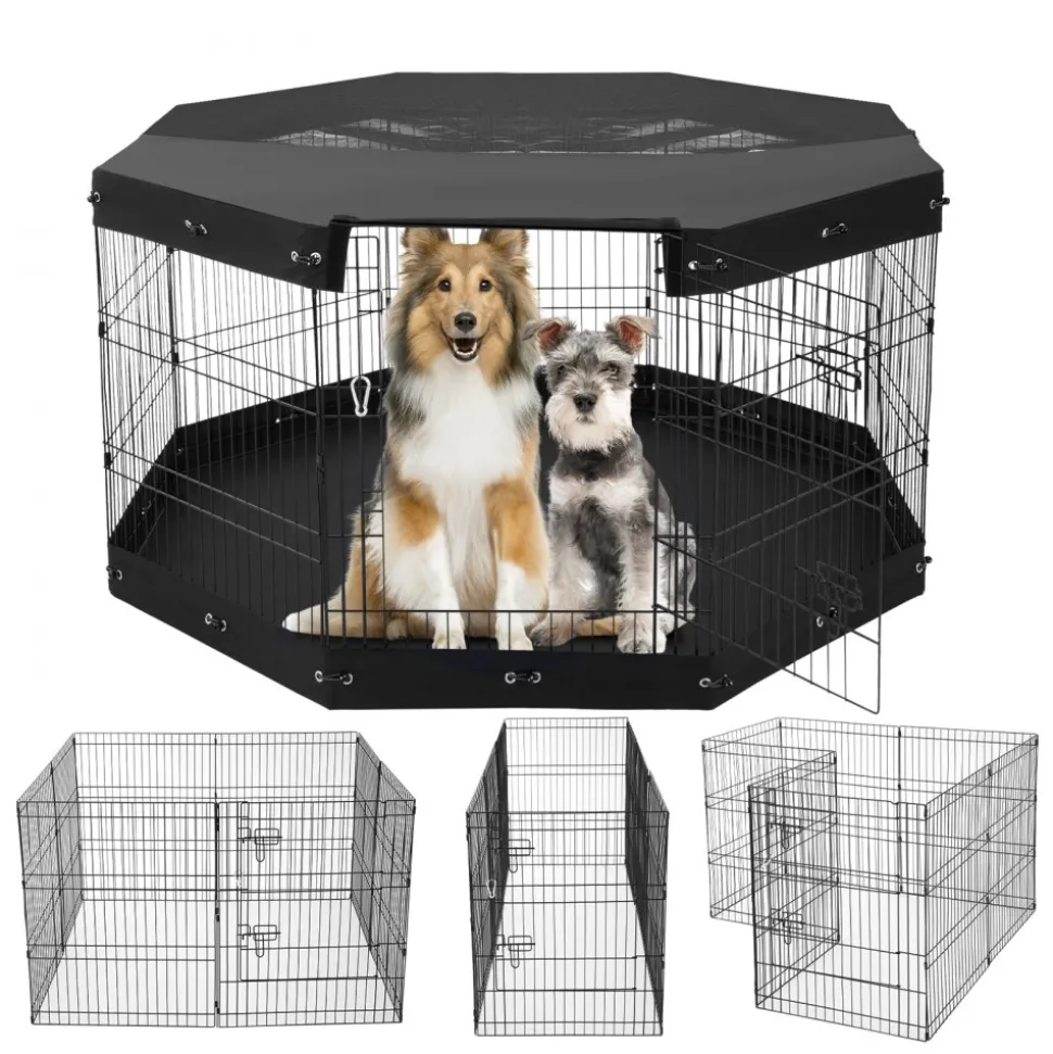 VEVOR Dog Playpen, 8 Pcs 30"H x 24"W Panels Foldable Metal Pet Exercise Pen, Dog Fence Indoor and Outdoor Pen with Door, Bottom Pad and Top Cover, Pet Playpen for Dogs, Cats, Other Small Animals