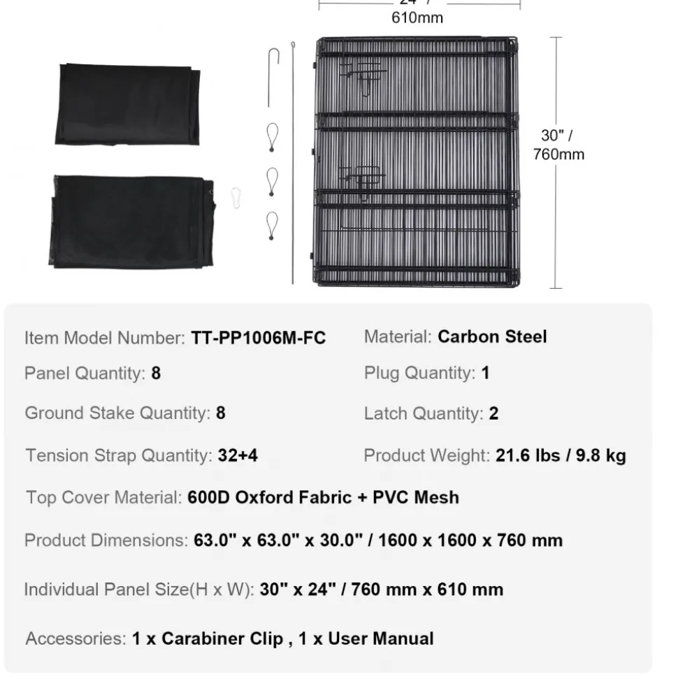 VEVOR Dog Playpen, 8 Pcs 30"H x 24"W Panels Foldable Metal Pet Exercise Pen, Dog Fence Indoor and Outdoor Pen with Door, Bottom Pad and Top Cover, Pet Playpen for Dogs, Cats, Other Small Animals