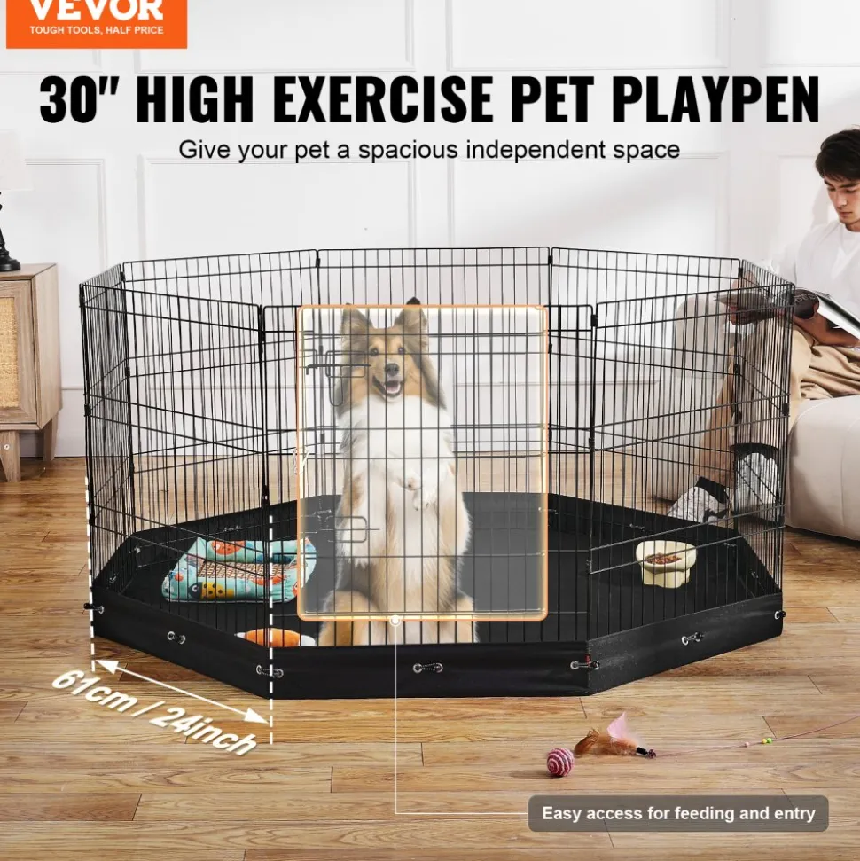 VEVOR Dog Playpen, 8 Pcs 30"H x 24"W Panels Foldable Metal Pet Exercise Pen, Dog Fence Indoor and Outdoor Pen with Door, 600D Oxford Fabric Bottom Pad, Pet Playpen for Dogs, Cats, Other Small Animals