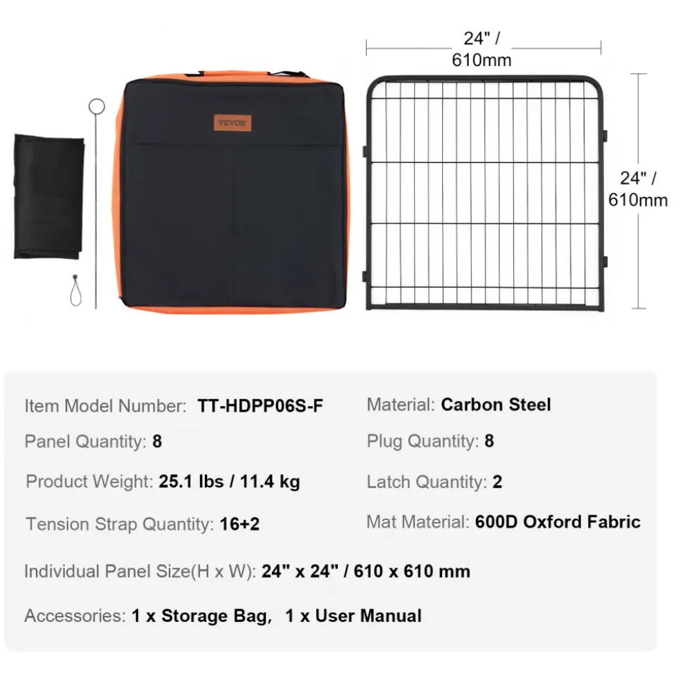 VEVOR Dog Playpen, 8 Pcs 24 x 24 in Panels Foldable Metal Pet Exercise Pen, Dog Fence Indoor and Outdoor Pen with Door, Storage Bag and Bottom Pad, Pet Playpen for Dogs, Cats and Other Small Animals