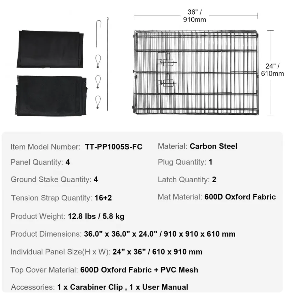 VEVOR Dog Playpen, 4 Pcs 24 x 36 in Panels Foldable Metal Pet Exercise Pen, Dog Fence Indoor and Outdoor Pen with Door, Top Cover, and Bottom Pad, Pet Playpen for Dogs, Cats and Other Small Animals