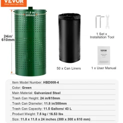 VEVOR Dog Poop Trash Can with 50 Liner Bags, 11.5 Gallons Outdoor Dog Waste Bin with Lid & Liner Clip for Pet Waste Station, Dog Waste Disposal Container for Garden Backyard Park