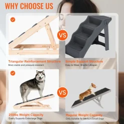 VEVOR Dog Ramp, Folding Pet Ramp for Bed, Adjustable Dog Ramp for Small, Large, Old Dogs & Cats, Wooden Pet Ramp with 41.3" Long Ramp, Adjustable from 13.77" to 25.59", Suitable for Couch, Sofa, Car
