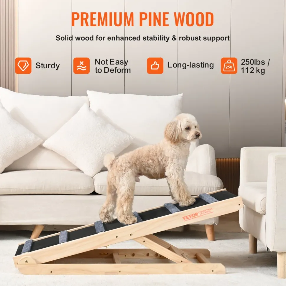 VEVOR Dog Ramp, Folding Pet Ramp for Bed, Adjustable Dog Ramp for Small, Large, Old Dogs & Cats, Wooden Pet Ramp with 41.3" Long Ramp, Adjustable from 13.77" to 25.59", Suitable for Couch, Sofa, Car