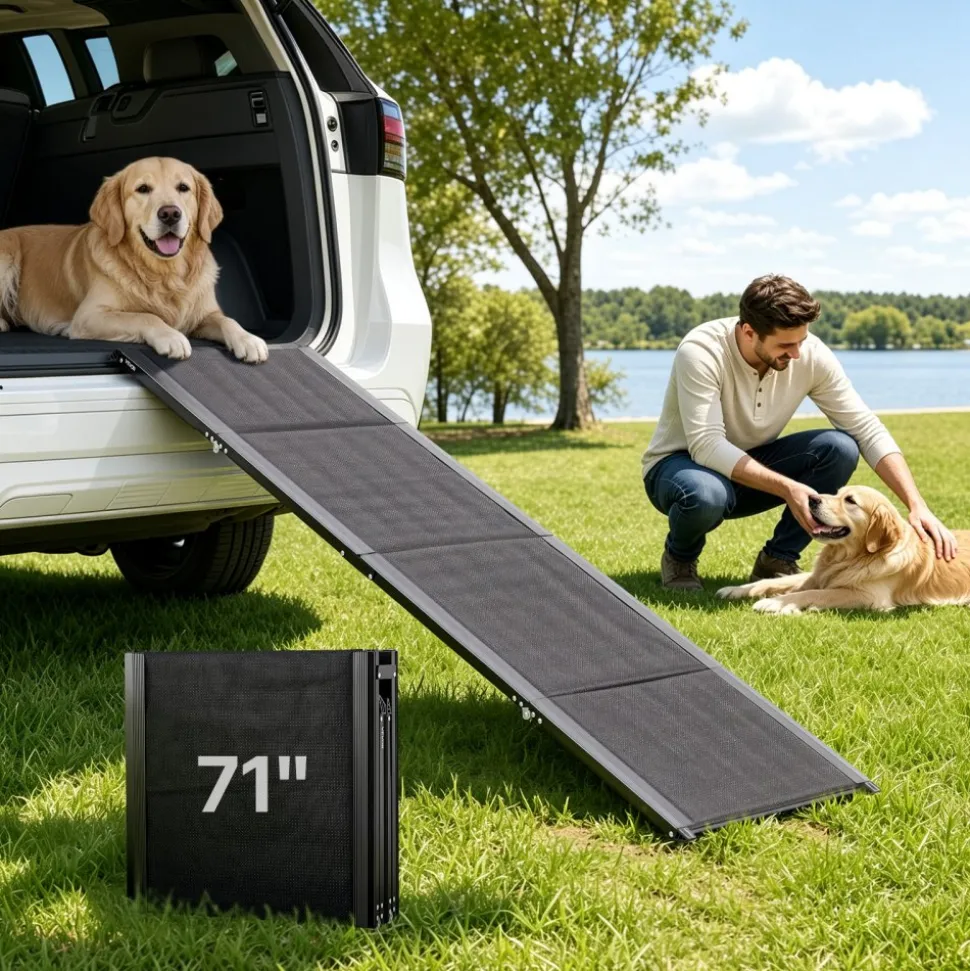 VEVOR Dog Ramp for Cars, 71" L x 20" W, Folding Pet Ramps for Medium & Large Dogs up to 250lbs, Pet Stair Ramp with Non-Slip Oxford Fabric Surface, Portable Outdoor Dog Car Ramps for SUV & Truck