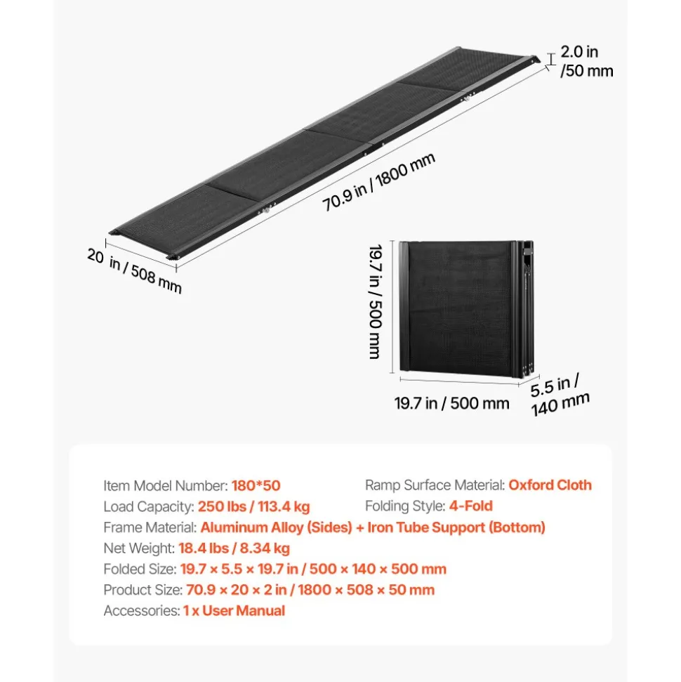 VEVOR Dog Ramp for Cars, 71" L x 20" W, Folding Pet Ramps for Medium & Large Dogs up to 250lbs, Pet Stair Ramp with Non-Slip Oxford Fabric Surface, Portable Outdoor Dog Car Ramps for SUV & Truck