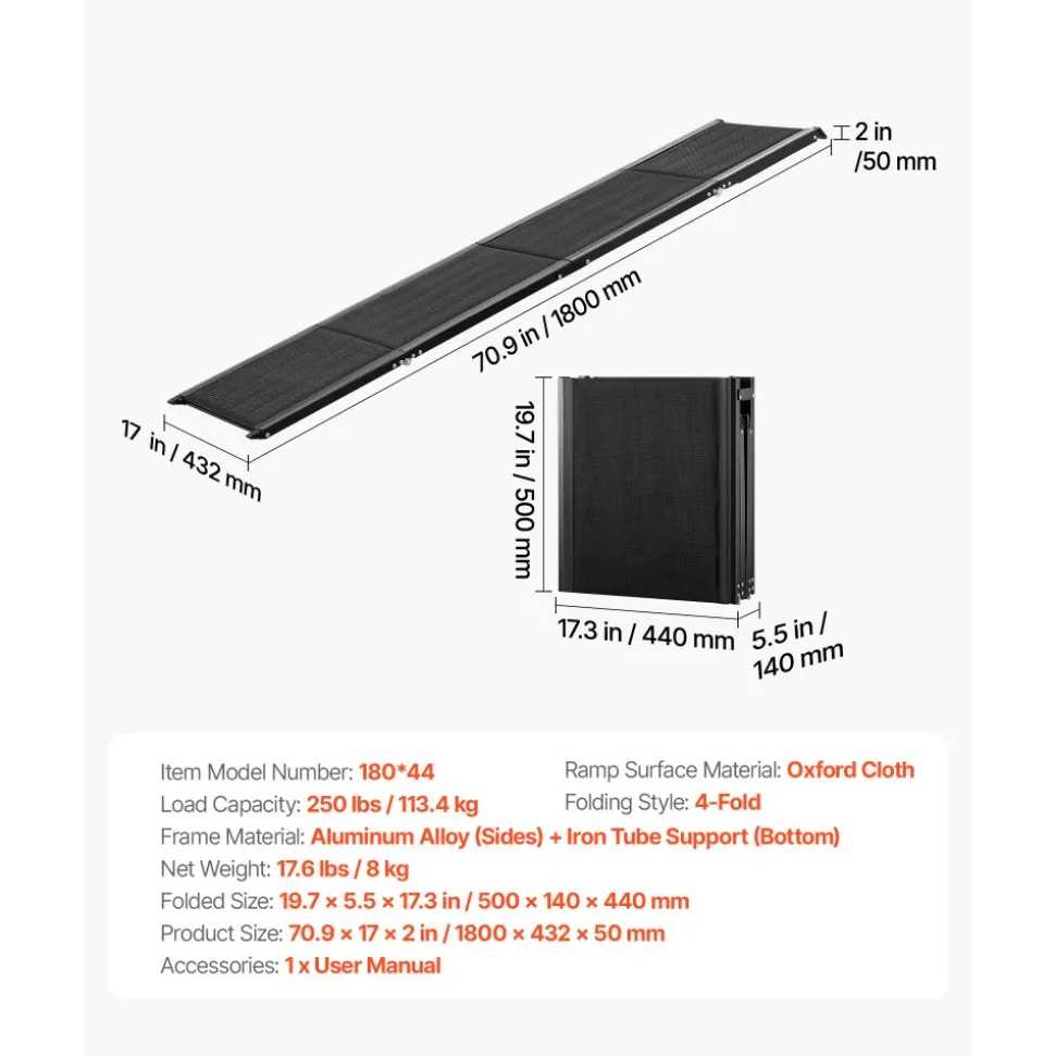 VEVOR Dog Ramp for Cars, 71" L x 17" W, Folding Pet Ramps for Medium & Large Dogs up to 250lbs, Pet Stair Ramp with Non-Slip Oxford Fabric Surface, Portable Outdoor Dog Car Ramps for SUV & Truck