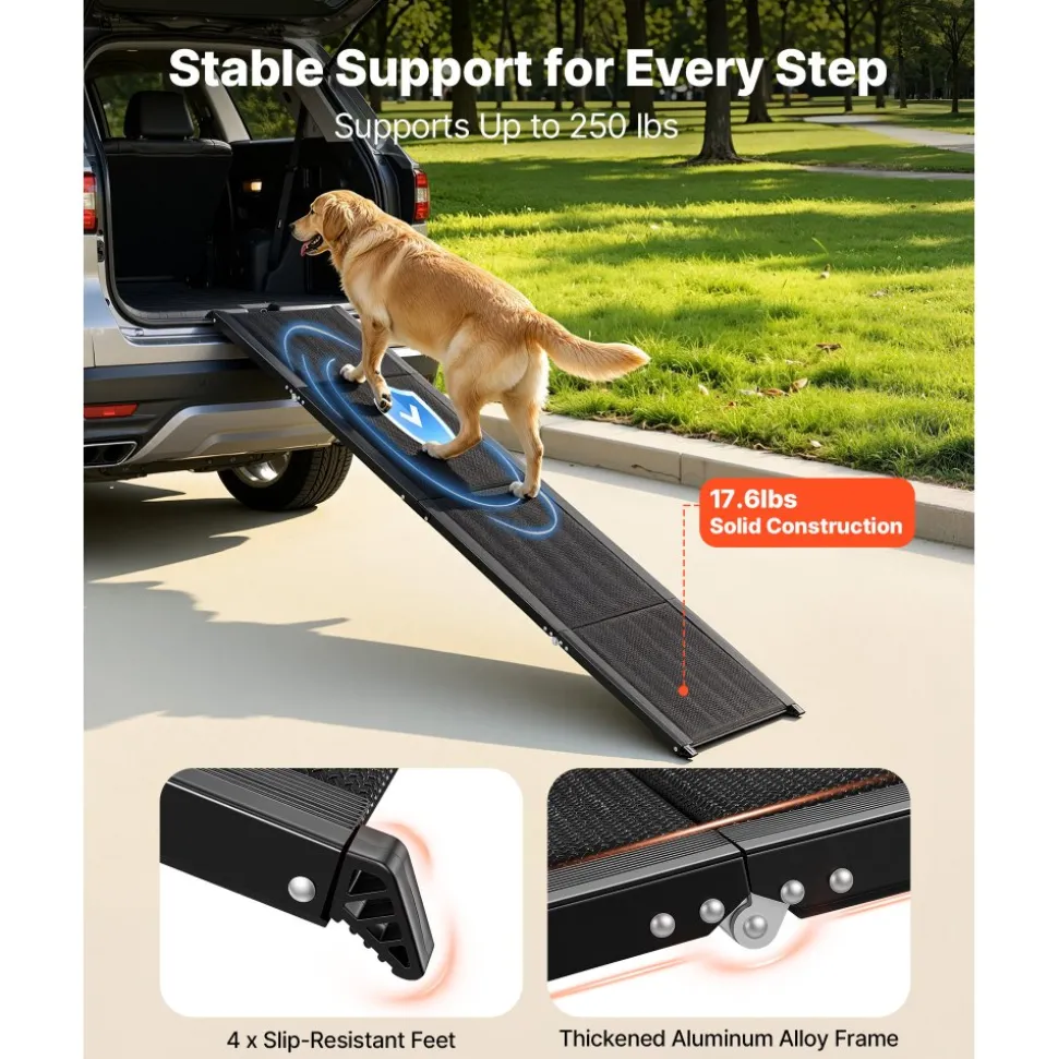 VEVOR Dog Ramp for Cars, 71" L x 17" W, Folding Pet Ramps for Medium & Large Dogs up to 250lbs, Pet Stair Ramp with Non-Slip Oxford Fabric Surface, Portable Outdoor Dog Car Ramps for SUV & Truck
