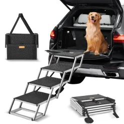 VEVOR Dog Stair for Cars, Wide 4-step Dog Car Steps, Folding Dog Car Ramp with Nonslip Surface, Portable Pet Steps Lightweight Aluminum for Car, SUV and Truck, Supports up to 150 lbs