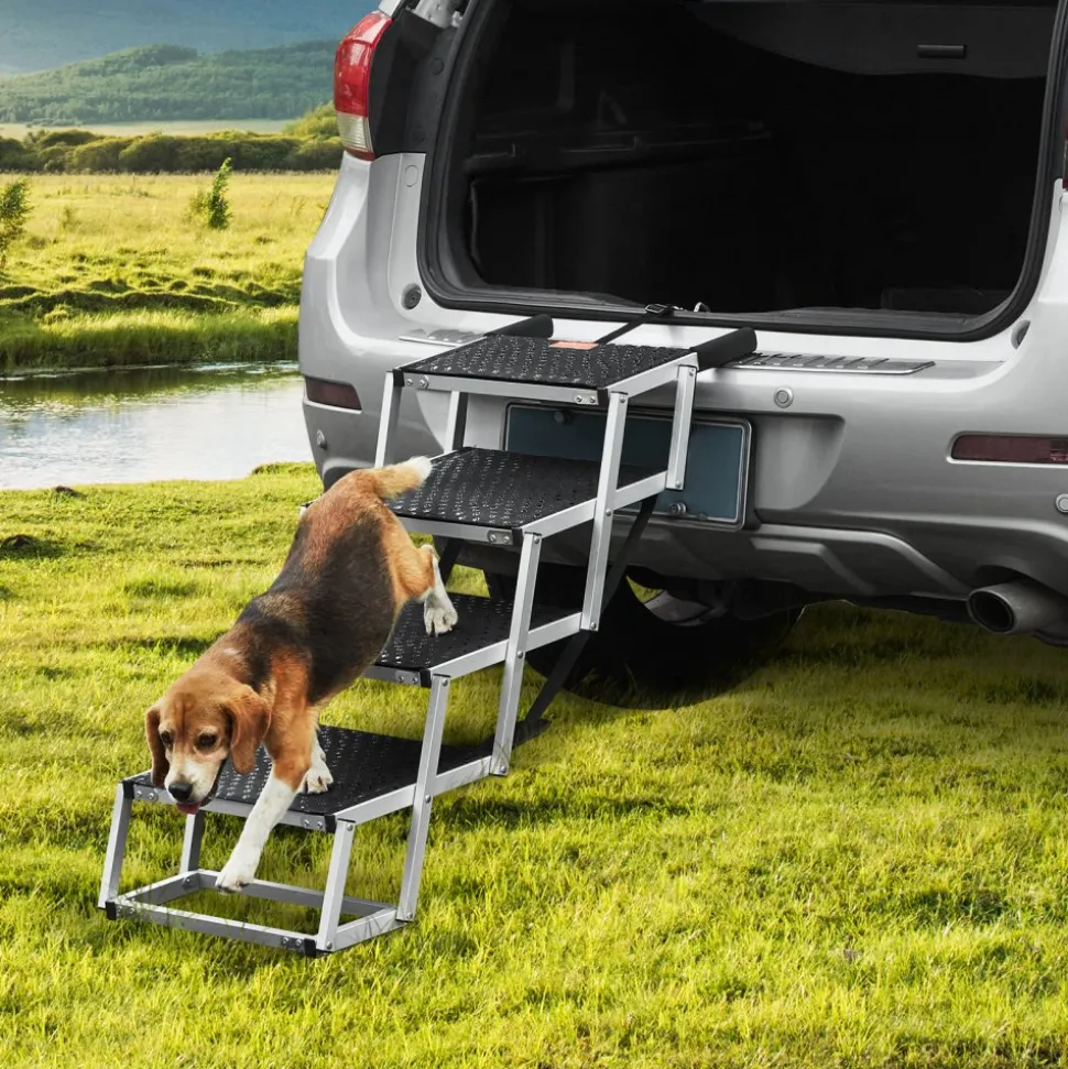 VEVOR Dog Stair for Cars, Wide 4-step Dog Car Steps, Folding Dog Car Ramp with Nonslip Surface, Portable Pet Steps Lightweight Aluminum for Car, SUV and Truck, Supports up to 150 lbs