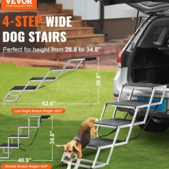 VEVOR Dog Stair for Cars, Wide 4-step Dog Car Steps, Folding Dog Car Ramp with Nonslip Surface, Portable Pet Steps Lightweight Aluminum for Car, SUV and Truck, Supports up to 250 lbs