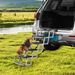 VEVOR Dog Stair for Cars, Wide 5-step Dog Car Steps, Folding Dog Car Ramp with Nonslip Surface, Portable Pet Steps Lightweight Aluminum for Car, SUV and Truck, Supports up to 150 lbs