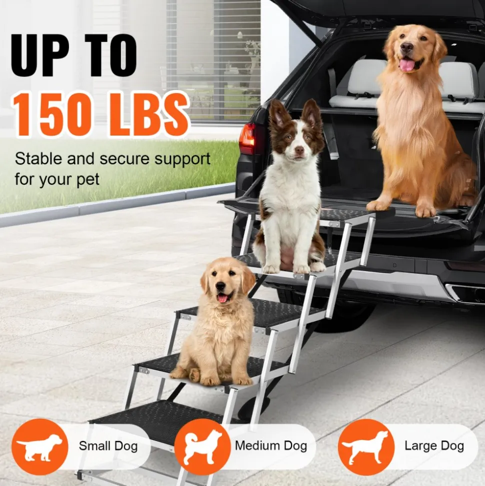 VEVOR Dog Stair for Cars, Wide 5-step Dog Car Steps, Folding Dog Car Ramp with Nonslip Surface, Portable Pet Steps Lightweight Aluminum for Car, SUV and Truck, Supports up to 150 lbs