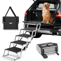 VEVOR Dog Stair for Cars, Wide 5-step Dog Car Steps, Folding Dog Car Ramp with Nonslip Surface, Portable Pet Steps Lightweight Aluminum for Car, SUV and Truck, Supports up to 150 lbs