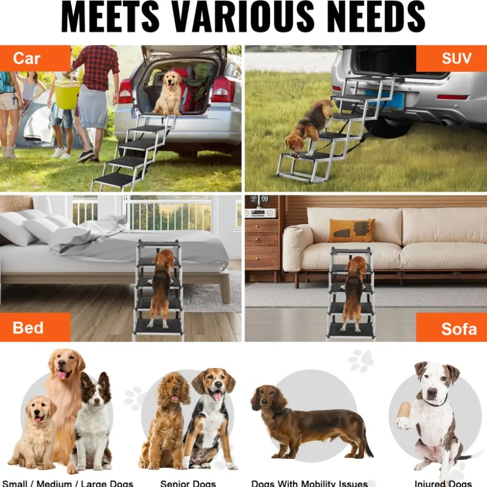 VEVOR Dog Stair for Cars, Wide 5-step Dog Car Steps, Folding Dog Car Ramp with Nonslip Surface, Portable Pet Steps Lightweight Aluminum for Car, SUV and Truck, Supports up to 150 lbs