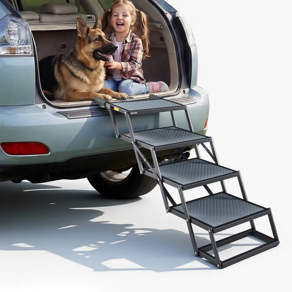 VEVOR Dog Stairs for Car, 4 Steps Extra Wide Foldable Dog Ramp for Large Dogs with Non-Slip Surface, Portable Lightweight Pet Stairs Ladder for Car, SUV, Truck, High Bed, Sofa, Support up to 400 lbs