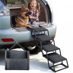 VEVOR Dog Stairs for Car, 4 Steps Extra Wide Foldable Dog Ramp for Large Dogs with Non-Slip Rug Surface, Portable Lightweight Pet Ladder for Car, SUV, Truck, High Beds, Sofas, Support up to 200 lbs