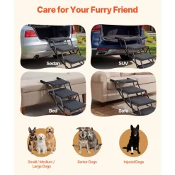 VEVOR Dog Stairs for Car, 4 Steps Extra Wide Foldable Dog Ramp for Large Dogs with Non-Slip Rug Surface, Portable Lightweight Pet Ladder for Car, SUV, Truck, High Beds, Sofas, Support up to 200 lbs