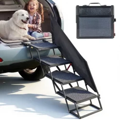 VEVOR Dog Stairs for Car, 4 Steps Extra Wide Foldable Dog Ramp for Large Dogs with Non-Slip Rug Surface, Portable Lightweight Pet Ladder for Car, SUV, Truck, High Beds, Sofas, Support up to 400 lbs