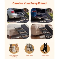 VEVOR Dog Stairs for Car, 4 Steps Extra Wide Foldable Dog Ramp for Large Dogs with Non-Slip Rug Surface, Portable Lightweight Pet Ladder for Car, SUV, Truck, High Beds, Sofas, Support up to 400 lbs