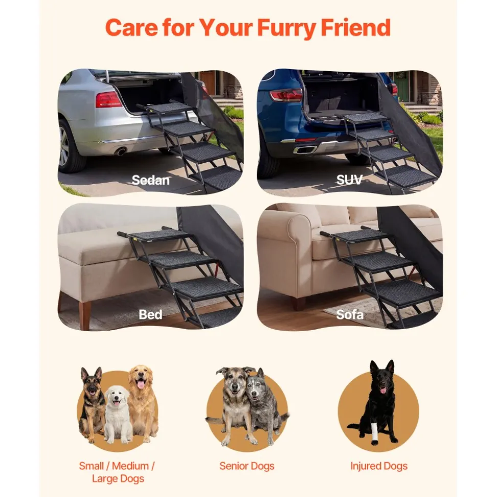 VEVOR Dog Stairs for Car, 4 Steps Extra Wide Foldable Dog Ramp for Large Dogs with Non-Slip Rug Surface, Portable Lightweight Pet Ladder for Car, SUV, Truck, High Beds, Sofas, Support up to 400 lbs