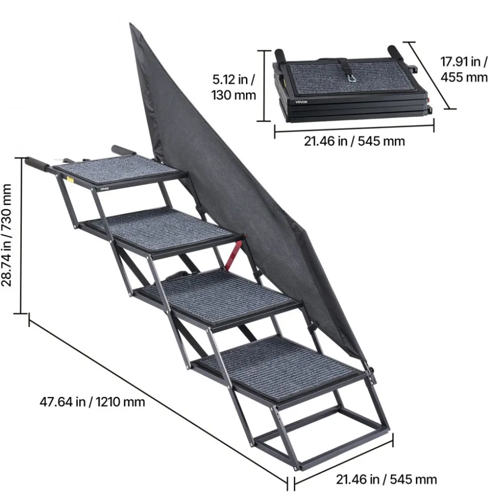 VEVOR Dog Stairs for Car, 4 Steps Extra Wide Foldable Dog Ramp for Large Dogs with Non-Slip Rug Surface, Portable Lightweight Pet Ladder for Car, SUV, Truck, High Beds, Sofas, Support up to 400 lbs
