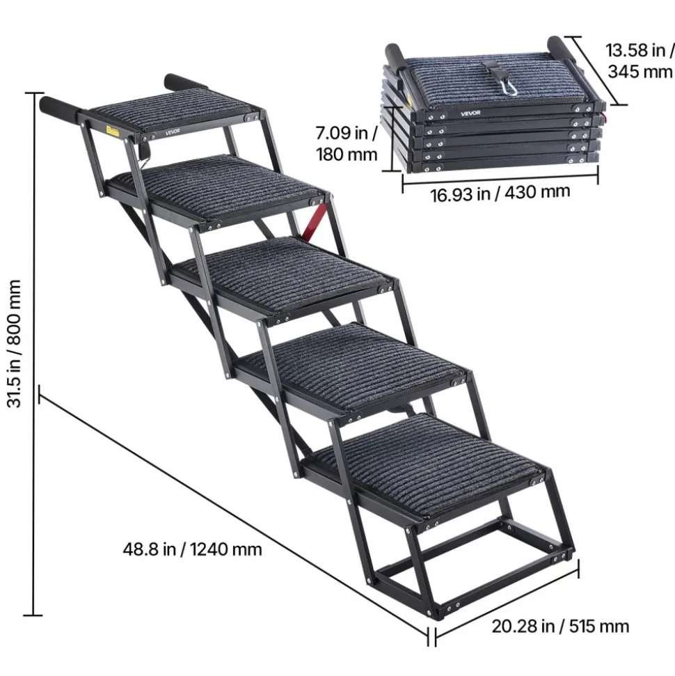 VEVOR Dog Stairs for Car, 5 Steps Extra Wide Foldable Dog Ramp for Large Dogs with Non-Slip Rug Surface, Portable Lightweight Pet Ladder for Car, SUV, Truck, High Beds, Sofas, Support up to 200 lbs