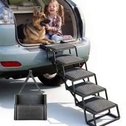 VEVOR Dog Stairs for Car, 5 Steps Extra Wide Foldable Dog Ramp for Large Dogs with Non-Slip Rug Surface, Portable Lightweight Pet Ladder for Car, SUV, Truck, High Beds, Sofas, Support up to 200 lbs