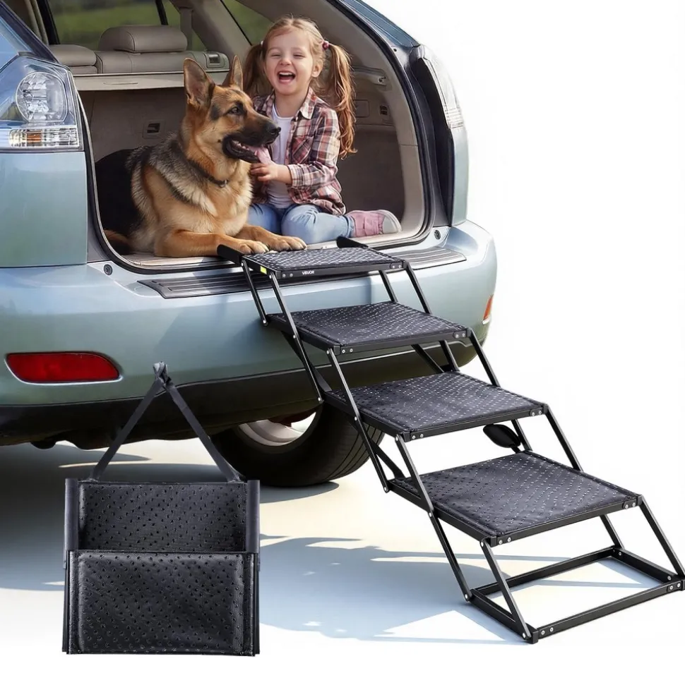 VEVOR Dog Stairs for Car, 4 Steps Extra Wide Foldable Dog Ramp for Large Dogs with Non-Slip Surface, Portable Lightweight Pet Stairs Ladder for Car, SUV, Truck, High Bed, Sofa, Support up to 250 lbs