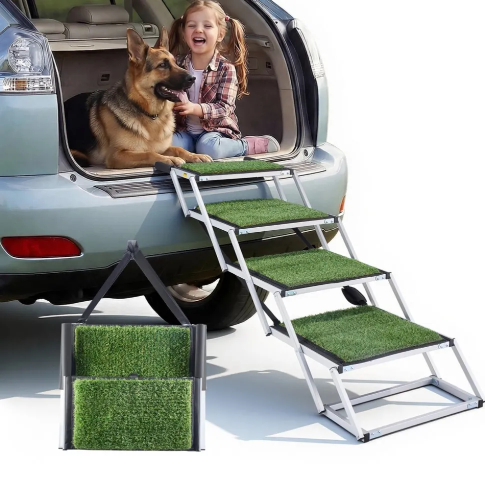 VEVOR Dog Stairs for Car, 4 Steps Extra Wide Foldable Dog Ramp for Large Dogs with Non-Slip Surface, Portable Lightweight Pet Stairs Ladder for Car, SUV, Truck, High Bed, Sofa, Support up to 200 lbs