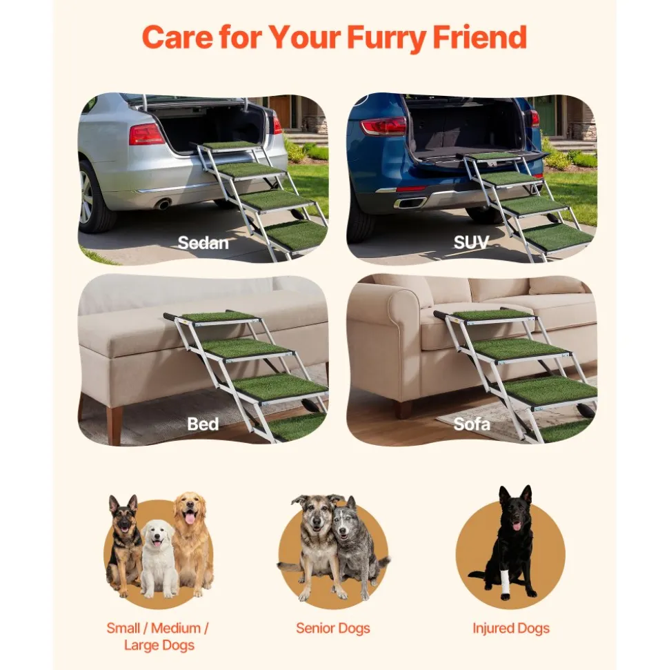 VEVOR Dog Stairs for Car, 4 Steps Extra Wide Foldable Dog Ramp for Large Dogs with Non-Slip Surface, Portable Lightweight Pet Stairs Ladder for Car, SUV, Truck, High Bed, Sofa, Support up to 200 lbs