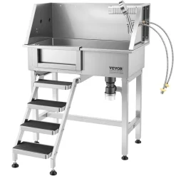 VEVOR 34" Dog Washing Station, Stainless Steel Pet Grooming Tub Bathtub, Professional Dog Wash Sink with Shower, Faucet, Soap Holder, Non-Slip Stairs Easy-Clean Design for Small Pets Cats (Left Door)